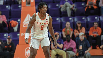 Clemson forward Myles Foster (6) in the game with Charleston Southern University during the first half at Littlejohn Coliseum in Clemson, S.C Monday, November 4, 2024.