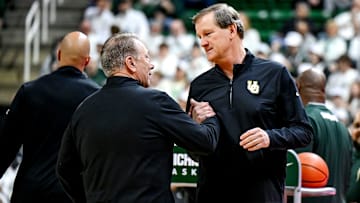 Michigan State's head coach Tom Izzo, left, and Oregon's head coach Dana Altman shake hands before the game on Saturday, Feb. 8, 2025, at the Breslin Center East Lansing.