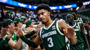 Michigan State's Jaden Akins slaps hands with fans after the Spartans victory over Niagara on Thursday, Nov. 7, 2024, at the Breslin Center in East Lansing.