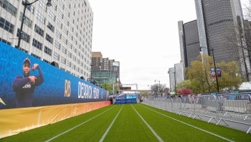 The 40-yard dash setup on Jefferson Avenue during the media preview for NFL Draft Experience at Hart