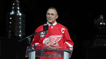 Steve Yzerman talks to fans about the 1997-98 Stanley Cup run during a ceremony honoring that championship run Saturday, Nov. 5, 2022 at Little Caesars Arena.

Wingsny 110522 Kd 0011873