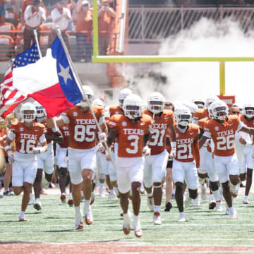 Texas Longhorns take the field before they take on Colorado State at Darrell K Royal-Texas Memorial Stadium in Austin Saturday, Aug. 31, 2024.