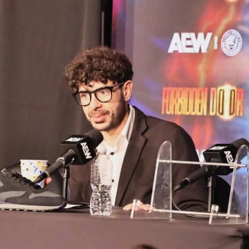 Tony Khan takes questions from the media during the AEW Forbidden Door 2024 post-event scrum.