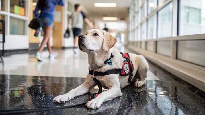 Emotional support therapy dog Jake sits while taking commands in a hallway of Derby Middle School in Birmingham on Thursday, September 15, 2022. Jake has been brought into Derby Middle School to help with the social-emotional learning and mental health needs of its 700 students.

secondary on jump