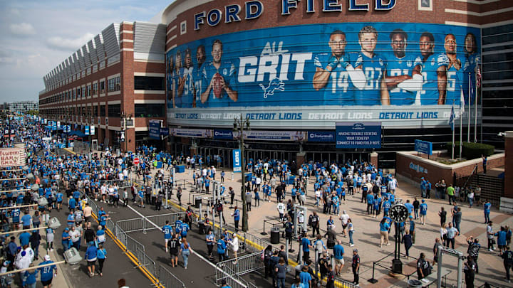 Detroit Lions fans outside of Ford Field.