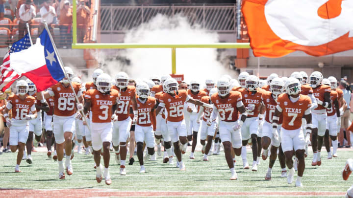 Texas Longhorns take the field before they take on Colorado State at Darrell K Royal-Texas Memorial Stadium in Austin Saturday, Aug. 31, 2024.