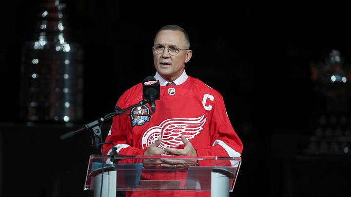 Steve Yzerman talks to fans about the 1997-98 Stanley Cup run during a ceremony honoring that championship run Saturday, Nov. 5, 2022, at Little Caesars Arena.