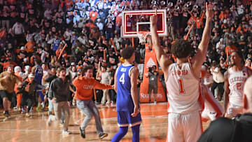 Dec 3, 2024; Clemson, South Carolina, USA; Clemson celebrates a 70-66 win over Kentucky at Littlejohn Coliseum.
  Mandatory Credit: Ken Ruinard/USA TODAY Network via Imagn Images