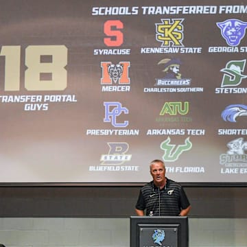 Bobby Lamb, Anderson University football Head Coach speaks about how he recruits, new rules for college football, the inaugural season football Trojans team, pyramid of success with love-serve-compete, and the transfer portal, during the Anderson Area Touchdown Club weekly meeting at the Anderson Institute of Technology in Anderson, S.C. Friday, August 30, 2024.