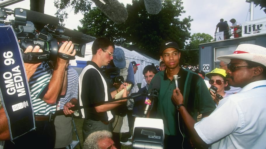 Tiger Woods talks to media at the 1996 Greater Milwaukee Open.