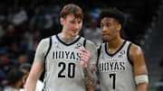 Georgetown Hoyas forward Drew Fielder converses with Georgetown Hoyas forward Drew McKenna during the second half against the Providence Friars at Capital One Arena. 