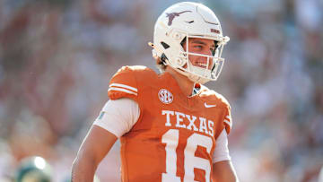 Texas Longhorns quarterback Arch Manning (16) smiles after scoring a touch down as the Texas Longhorns take on Colorado State at Darrell K Royal-Texas Memorial Stadium in Austin Saturday, Aug. 31, 2024.