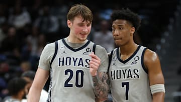 Georgetown Hoyas forward Drew Fielder converses with Georgetown Hoyas forward Drew McKenna during the second half against the Providence Friars at Capital One Arena. 