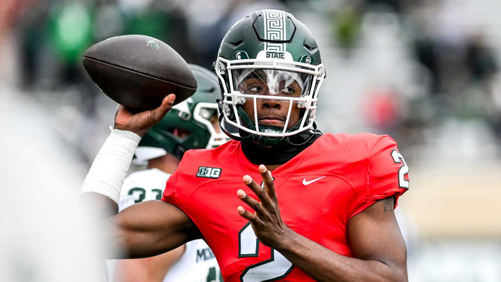 Michigan State's Aidan Chiles throws a pass during the Spring Showcase on Saturday, April 20, 2024, at Spartan Stadium in East Lansing.