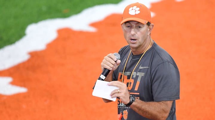 Clemson head coach Dabo Swinney talks to over 500 campers from 32 states during his football camp in Clemson, S.C. Tuesday, June 3, 2025.