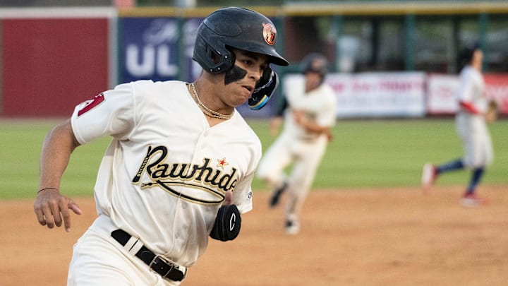 Visalia Rawhide's Druw Jones rounds third Tuesday, April 11, 2023 against the Rancho Cucamonga Quakes.

0411 Bb Rc Rawhide 7656t