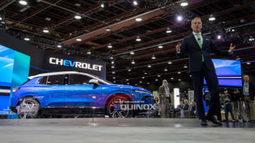 Steve Majoros, vice president and director of Chevrolet marketing, speaks to media members during