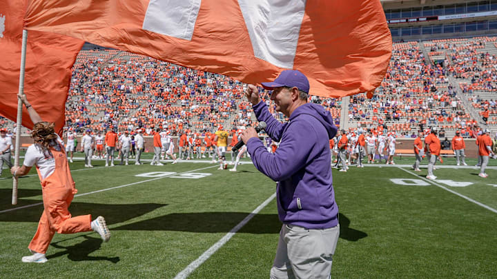 Clemson head coach Dabo Swinney before the annnual Clemson Orange and White spring game at Memorial Stadium in Clemson, South Carolina Saturday, March 28, 2026.