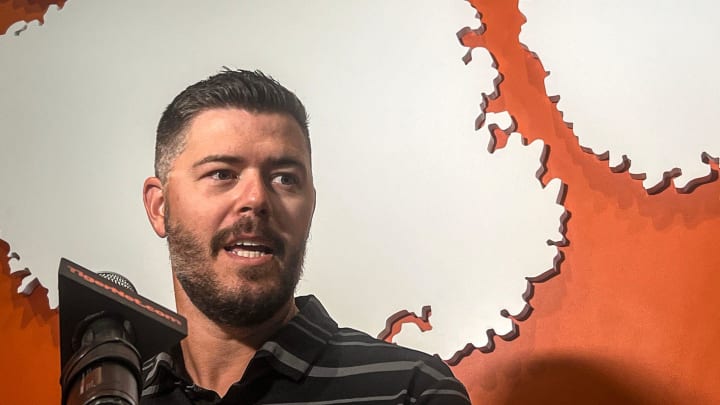 Clemson offensive coordinator Garrett Riley speaks during the Clemson football Media Outing & Open House at the Allen N. Reeves Football Complex in Clemson, S.C. Tuesday, July 16, 2024.