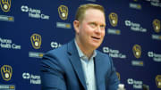Senior Vice President and General Manager Matt Arnold speaks during an an end of season press conference at American Family Field in Milwaukee on Tuesday, Oct. 10, 2023.