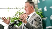 Michigan State's new football coach Pat Fitzgerald speaks during his introductory press conference on Tuesday, Dec. 2, 2025, at the Tom Izzo Football Building in East Lansing.