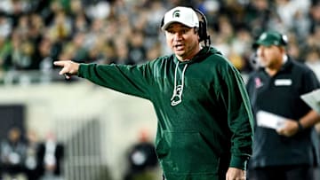 Michigan State's head coach Jonathan Smith calls out to a referee in the second quarter in the game against Iowa on Saturday, Oct. 19, 2024, at Spartan Stadium in East Lansing.