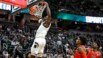 Michigan State's Coen Carr dunks against Bowling Green during the second half on Thursday, Oct. 23, 2025, at the Breslin Center in East Lansing.