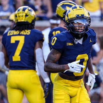 Michigan wide receiver Semaj Morgan (0) before the start of the game against Fresno State at Michigan Stadium in Ann Arbor on Saturday, Aug. 31, 2024.