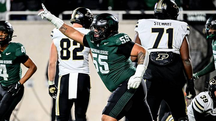 Michigan State's Ben Roberts celebrates after the Spartans blocked a Purdue field goal attempt during the second quarter on Friday, Nov. 22, 2024, at Spartan Stadium in East Lansing.