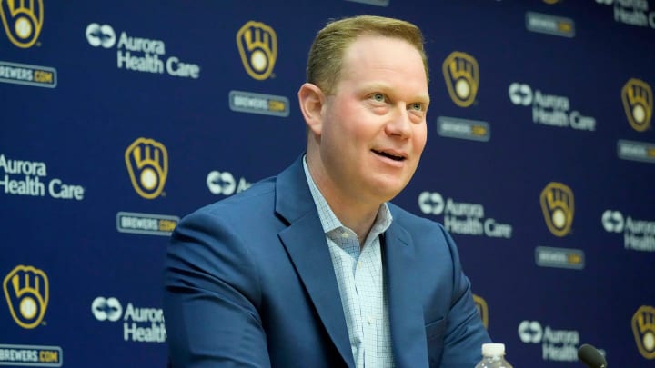 Senior Vice President and General Manager Matt Arnold speaks during an an end of season press conference at American Family Field in Milwaukee on Tuesday, Oct. 10, 2023.