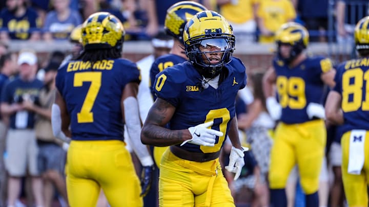 Michigan wide receiver Semaj Morgan (0) before the start of the game against Fresno State at Michigan Stadium in Ann Arbor on Saturday, Aug. 31, 2024.