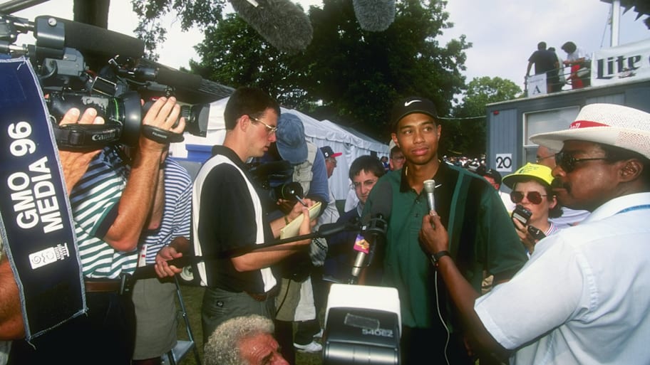 Tiger Woods meets with media at the 1996 Greater Milwaukee Open.