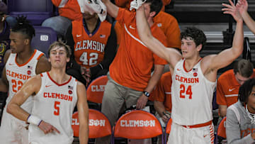 Clemson forward Hunter Tyson (5) and Clemson sophomore forward PJ Hall (24) celebrate in the closing second of the second half against Wake Forest at Littlejohn Coliseum Friday, December 2, 2022.

Clemson Basketball Vs Wake Forest University Acc