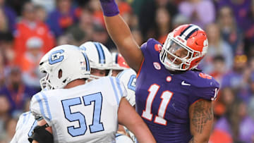 Nov 23, 2024; Clemson, South Carolina, USA; Clemson Tigers defensive lineman Peter Woods (11) reacts after sacking The Citadel Bulldogs quarterback Johnathan Bennett (11) during the first half at Memorial Stadium. Mandatory Credit: Ken Ruinard-Imagn Images