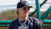 Detroit Tigers outfielder prospect Max Clark works out during spring training at TigerTown in Lakeland, Fla. on Thursday, Feb. 22, 2024.