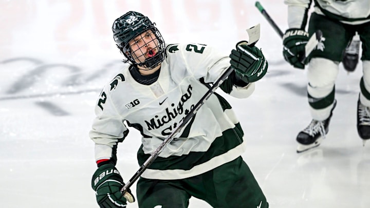 Michigan State's Isaac Howard celebrates his goal against Notre Dame during the third period in the Big Ten tournament on Saturday, March 15, 2025, at Muni Arena in East Lansing.