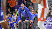 Dec 3, 2024; Clemson, South Carolina, USA; Kentucky Head Coach Mark Pope watches Clemson run their offense with his defense during the second half at Littlejohn Coliseum.   Mandatory Credit: Ken Ruinard/USA TODAY Network via Imagn Images