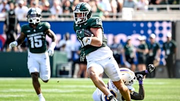 Michigan State's Jack Velling runs after a catch against Prairie View A&M during the first quarter on Saturday, Sept. 14, 2024, at Spartan Stadium in East Lansing.