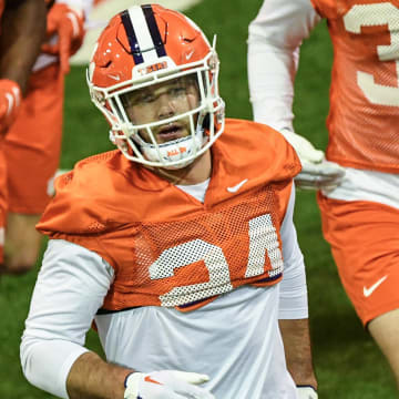 Clemson safety Tyler Venables (24) runs to another drill station during Spring practice