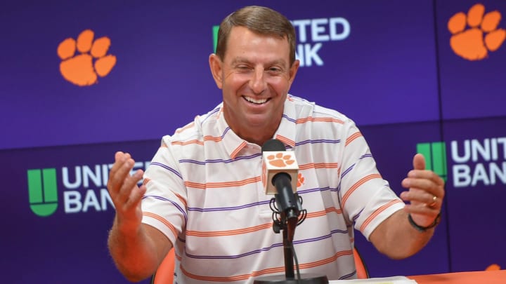 Clemson head coach Dabo Swinney talks during the Clemson football Media Outing & Open House at the Allen N. Reeves Football Complex in Clemson, S.C.