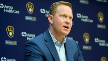 Milwaukee Brewers Senior Vice President and General Manager Matt Arnold speaks to the media.