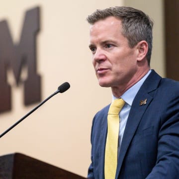 U-M's new men's basketball head coach Dusty May speaks during introductory press conference at Junge Family Champions Center in Ann Arbor on Tuesday, March 26, 2024.