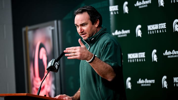 Michigan State coach Jonathan Smith talks the media on the first national signing day for college football recruits Wednesday, Dec. 4, 2024, at Spartan Stadium in East Lansing.