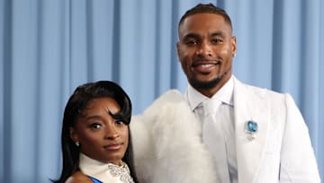Simone Biles and Jonathan Owens attend the 2025 Met Gala Celebrating "Superfine: Tailoring Black Style" in May 2025 in New York City.