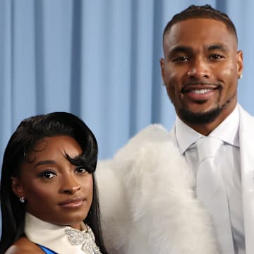 Simone Biles and Jonathan Owens attend the 2025 Met Gala Celebrating "Superfine: Tailoring Black Style" in May 2025 in New York City.