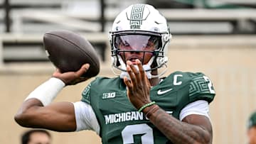 Michigan State's Aidan Chiles warms up before the football game against UCLA on Saturday, Oct. 11, 2025, at Spartan Stadium in East Lansing.