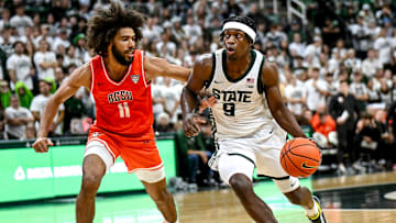 Michigan State's Trey Fort, right, moves the ball as Bowling Green's Javon Ruffin defends during the second half on Thursday, Oct. 23, 2025, at the Breslin Center in East Lansing.