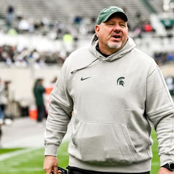 Michigan State offensive line coach Jim Michalczik works with players during the Spring Showcase on Saturday, April 20, 2024, at Spartan Stadium in East Lansing.