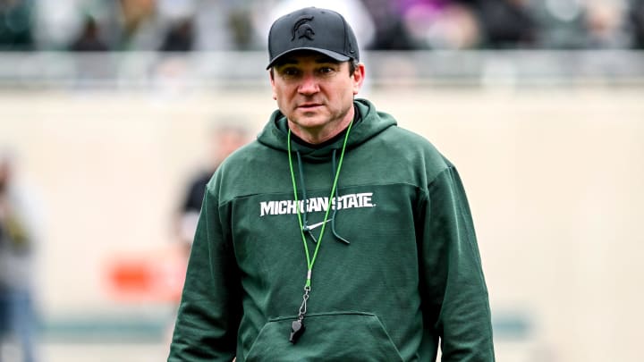 Michigan State's head coach Jonathan Smith walks to the sideline during the Spring Showcase on Saturday, April 20, 2024, at Spartan Stadium in East Lansing.