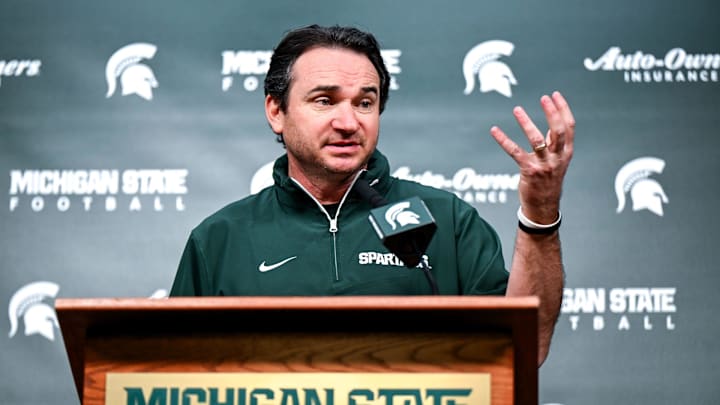 Michigan State coach Jonathan Smith talks the media on the first national signing day for college football recruits Wednesday, Dec. 4, 2024, at Spartan Stadium in East Lansing.